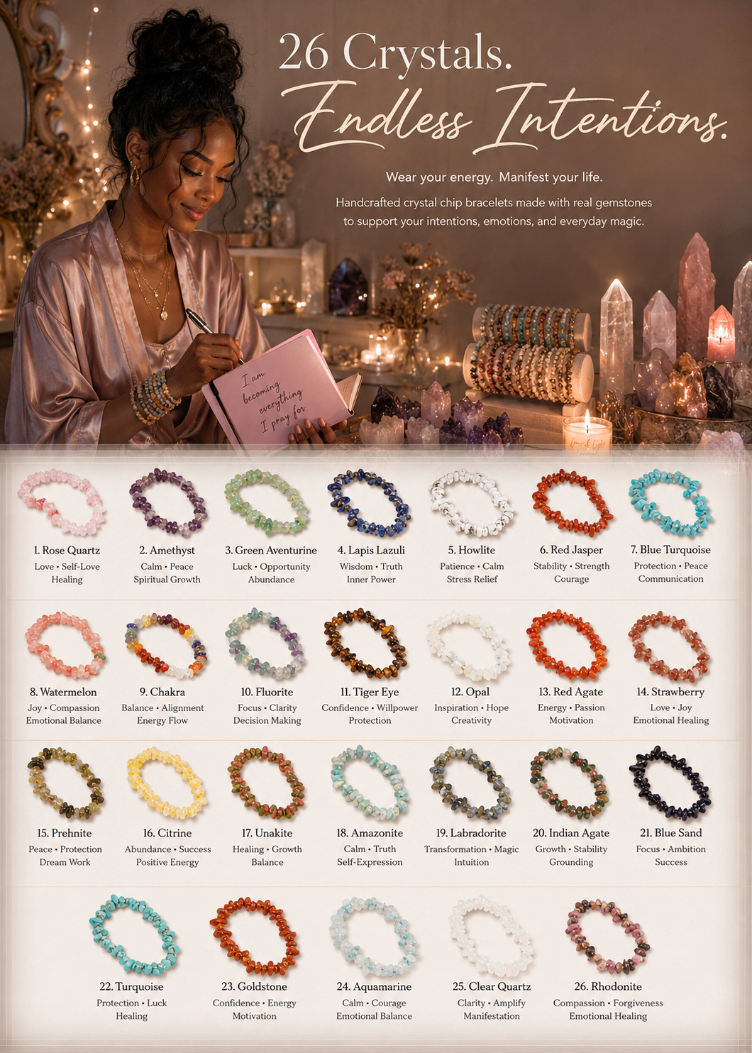 26 Crystals chart — every bracelet and its meaning
