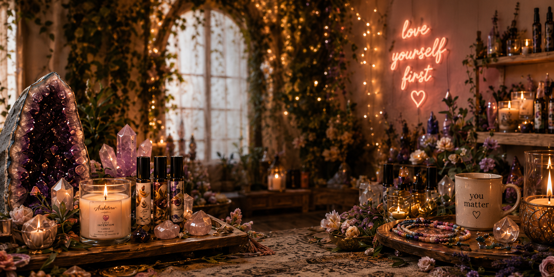 Aishiteru — candles, crystals, and a love yourself first neon sign