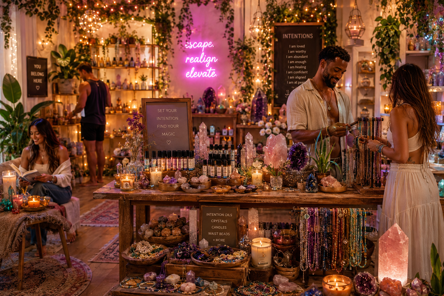 Aishiteru sanctuary — candlelit boutique with crystals, intention oils, and softly glowing neon